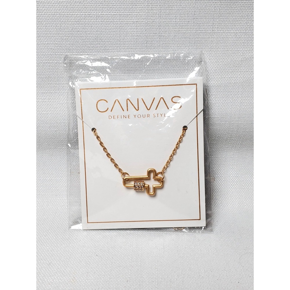Canvas Gold Tone Cross Necklace Cubic Zirconia Accent Minimalist Pendant New